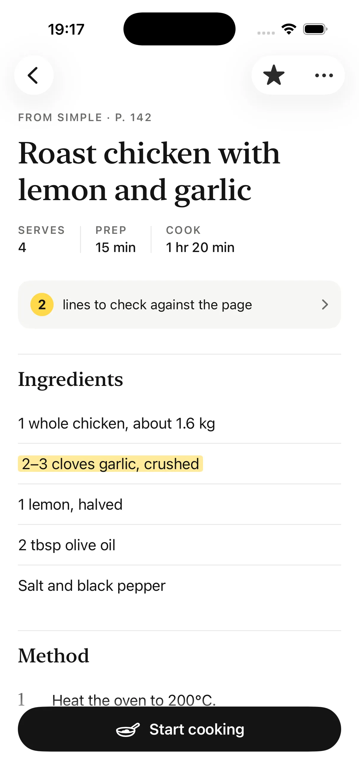 A recipe page: the cookbook it came from, ingredients, and a line to check against the page
