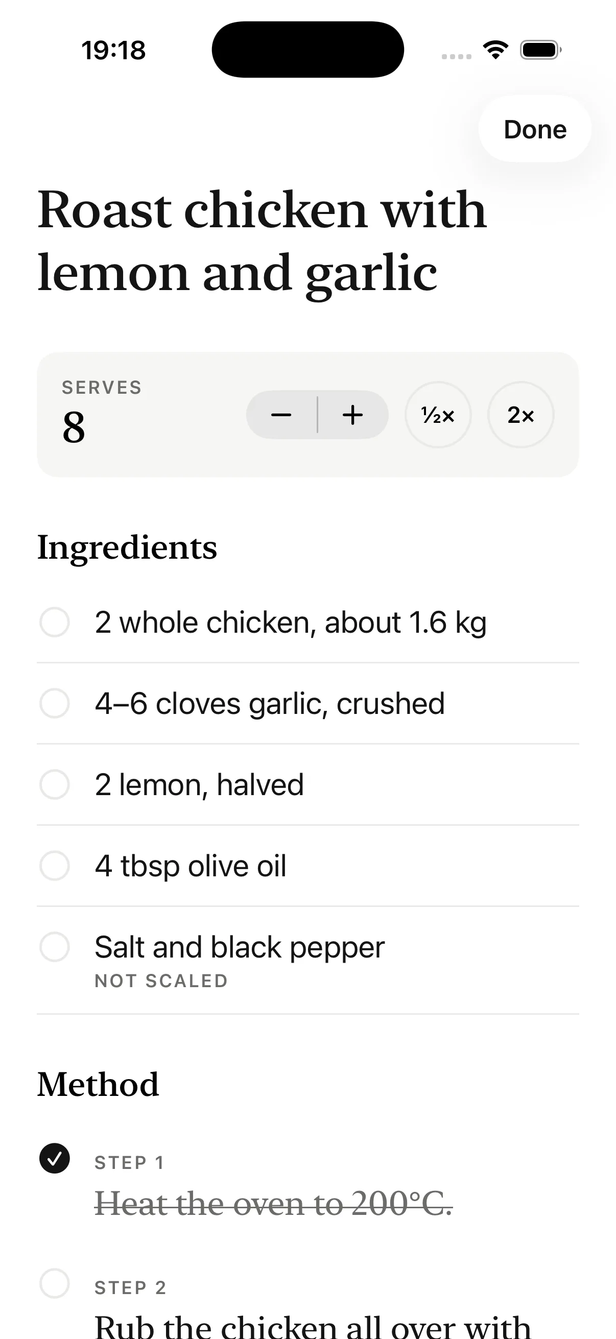 Cook Mode: big type, servings doubled, steps ticked off