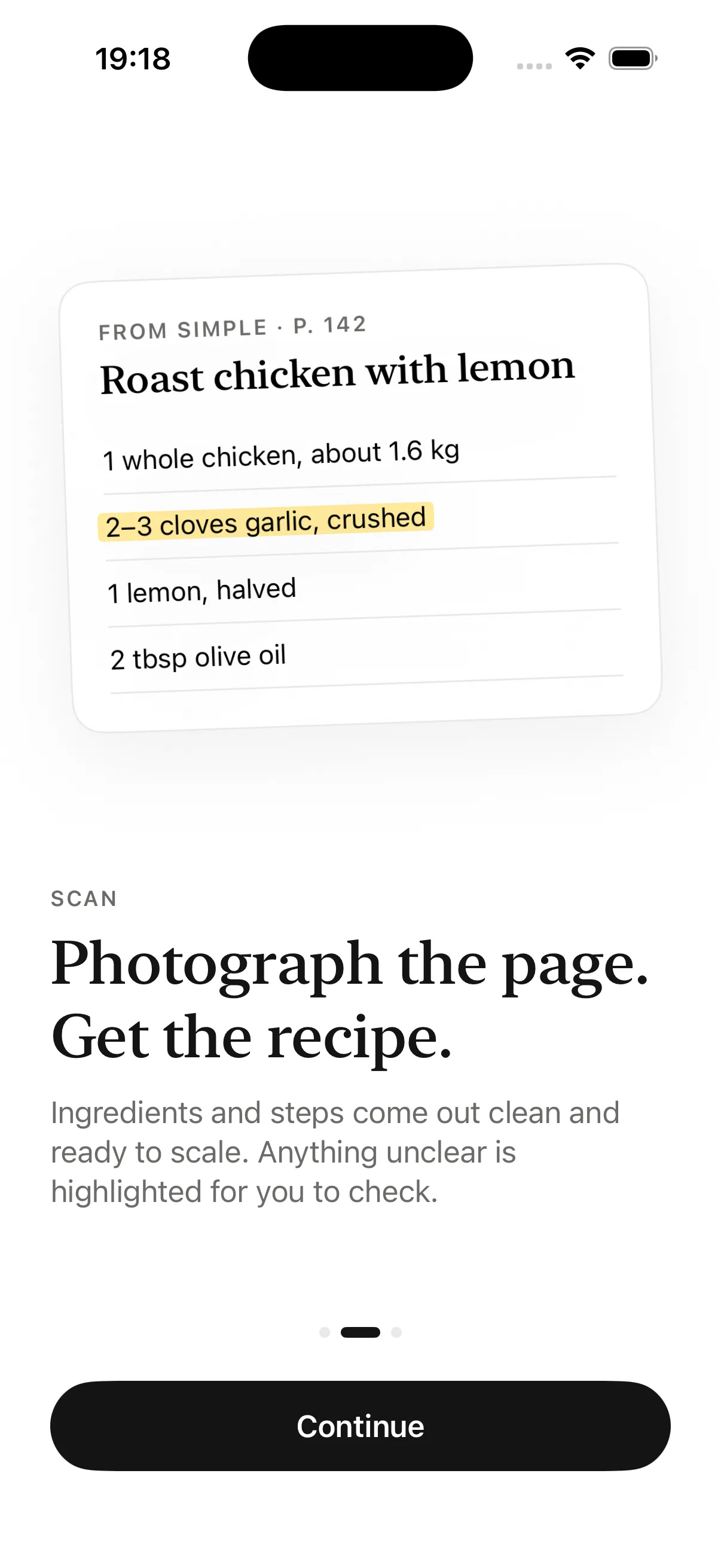 A scanned recipe card with one line highlighted to check